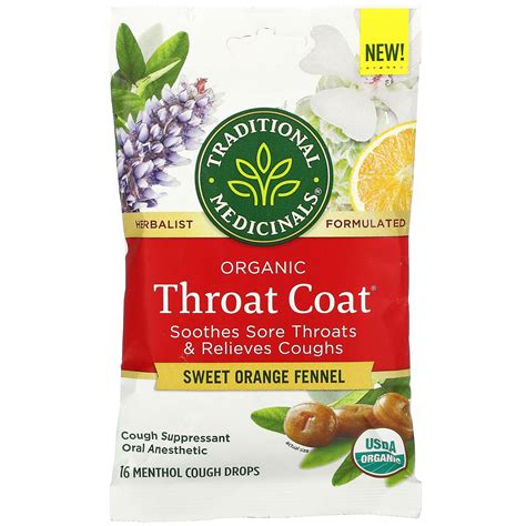 Traditional Medicinals, Organic Throat Coat Drops, Sweet Orange Fennel