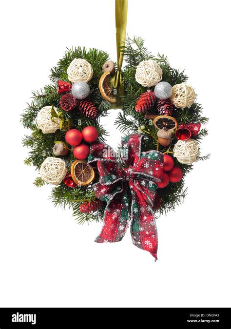 Christmas wreath with decorations and ribbon bow isolated on white ...