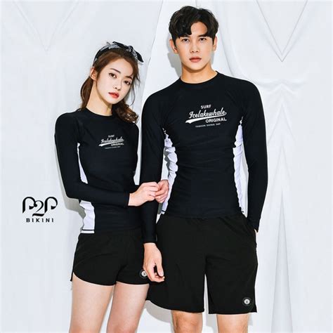 Đồ bơi Couple áo tay dài quần short hai lớp phối màu vải siêu co giãn P P Bikini Thương hiệu