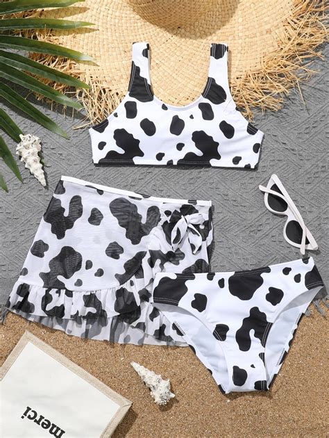 Conjunto De Bikini Con Estampado De Vaca Y Falda De Playa De Verano Para Ni A Preadolescente