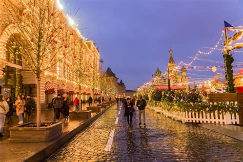 Moscow, Russia, 2019 - Christmas fair on Red Square. GUM store ...