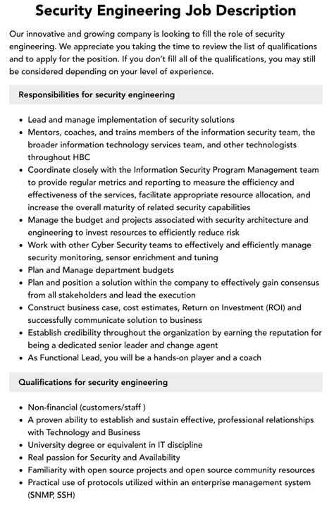 Security Engineering Job Description Velvet Jobs