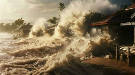 tsunami hits shoreline with massive wave flooding 30654542 Stock Photo ...