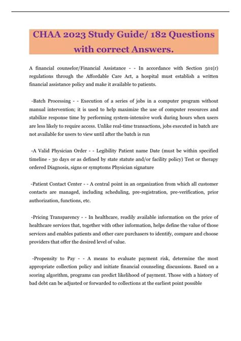 CHAA 2023 Study Guide/ 182 Questions with correct Answers. - CHAA 2023