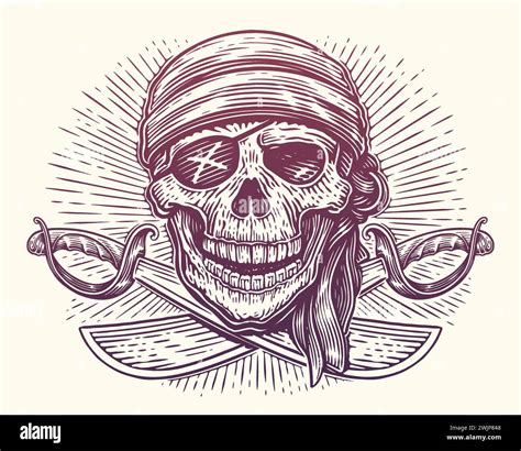 Jolly Roger Emblem Skull And Crossed Sabers Hand Drawn Sketch Vintage Vector Illustration