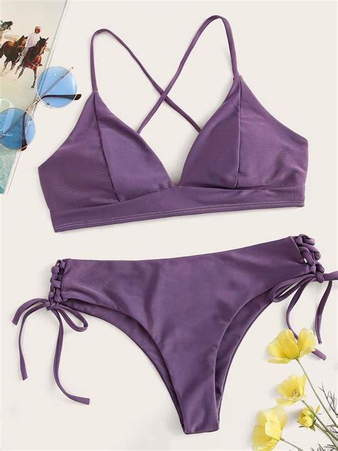 Shein Seam Trim Criss Cross Top With Lace Up Bikini Set Bikinis