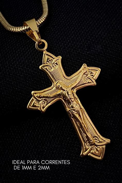 Pingente Crucifixo Vitoriano Jesus M X Cm G Banhado A Ouro