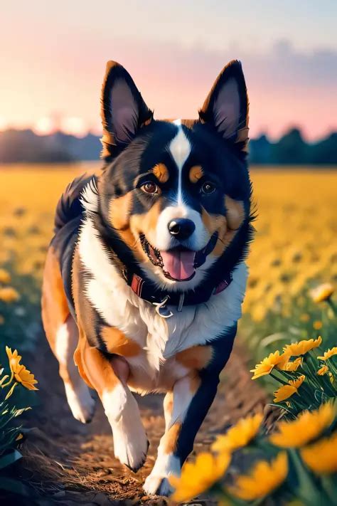 Anime Dogs Running In Flower Fields Photorealistic Photo