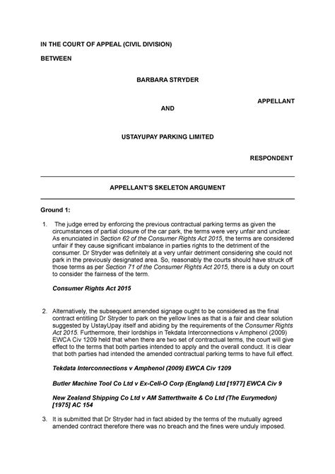 Skeleton Argument IN THE COURT OF APPEAL CIVIL DIVISION BETWEEN