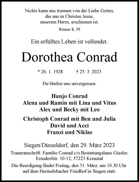 Alle Traueranzeigen für Dorothea Conrad trauer rp online de