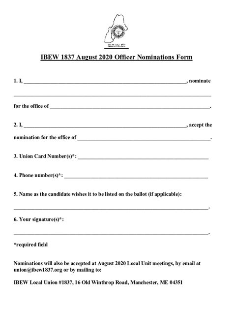 Fillable Online IBEW 1837 August 2020 Officer Nominations Form Fax