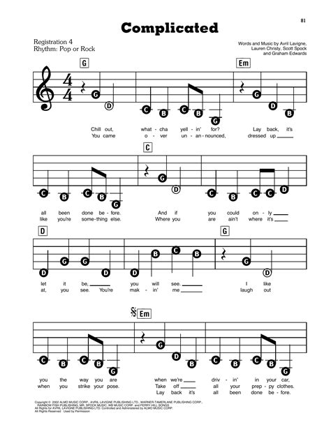 Complicated By Avril Lavigne Sheet Music For E Z Play Today At Sheet