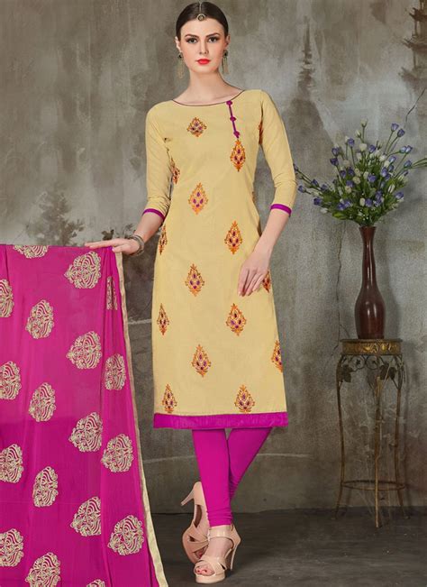 Buy Embroidered Chanderi Churidar Suit In Beige Online 91218