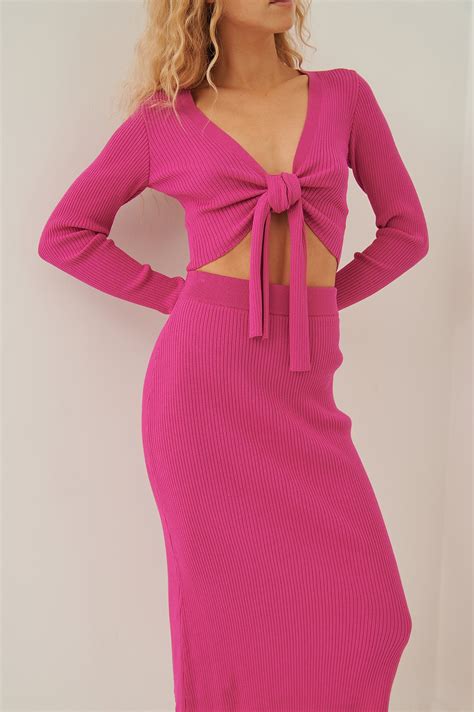 Wide Rib Knitted Midi Skirt Pink Na