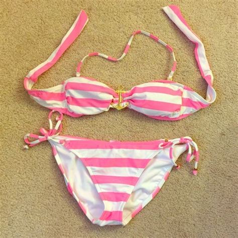 Pink And White Striped Nautical Theme Bikini Set Pink And White