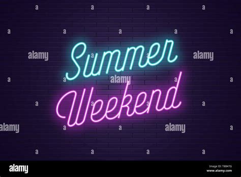 Neon Lettering Of Summer Weekend Glowing Headline Bright Neon Cursive