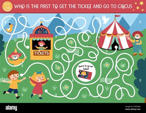 Circus maze for kids with boy, girl, ticket. Amusement show preschool printable activity with ...