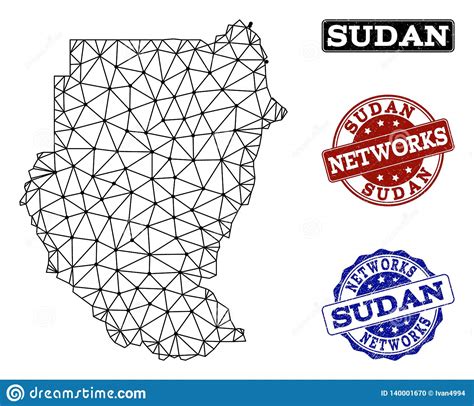 Polygonal Network Mesh Vector Map Of Sudan And Network Grunge Stamps