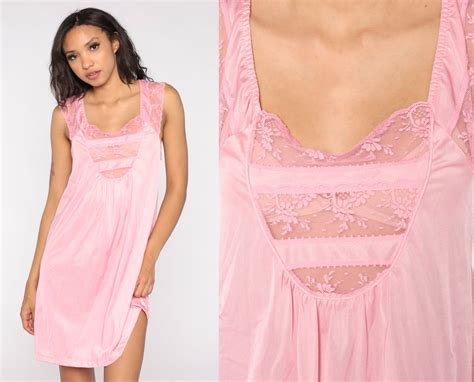 S Pink Nightgown Bubblegum Pink Dress Floral Lace Mini Slip Lingerie Vintage Intimates Retro