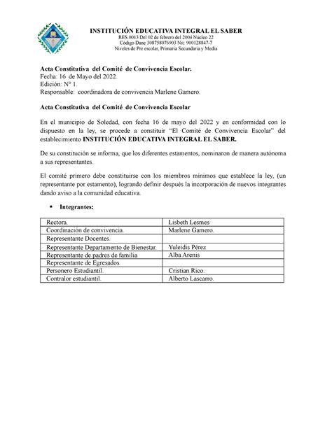 Acta Conformacion Del Gobierno Escolar 2022 InstituciÓn Educativa