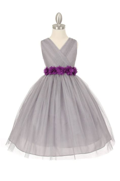 Silver Purple Tulle V Neck With Removable Floral Sash Flower Girl Dress