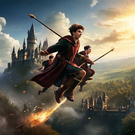 Male Quidditch players on broomsticks by John Wiest - Playground