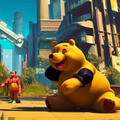 Winnie The Poo In Cyberpunk 2077 Unreal Engine 5 4k Stable Diffusion