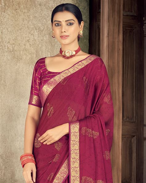 Vishal Prints Wine Chiffon Saree With Foil Print And Zari Border