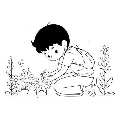 Un niño lindo plantando flores en el jardín Vector Premium