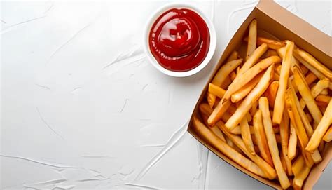 Caixa De Papel Batatas Fritas Saborosas E Uma Tigela De Ketchup Em