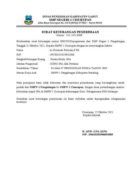 Contoh SURAT LOLOS BUTUH Guru | PDF