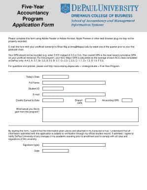 Fillable Online Five Year Accountancy Program Application Form DePaul