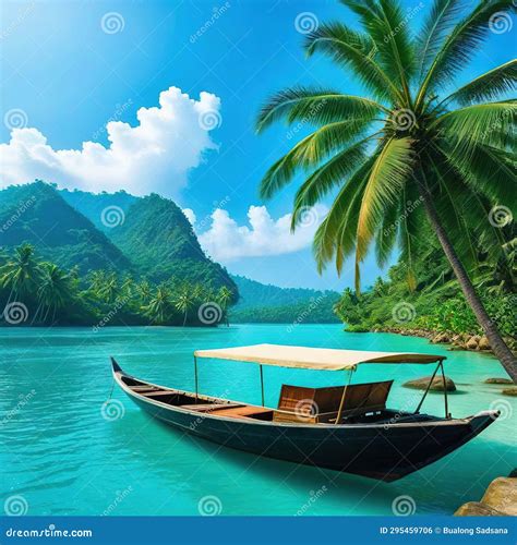 A Boat On A River With Palm Trees In The Stock Illustration