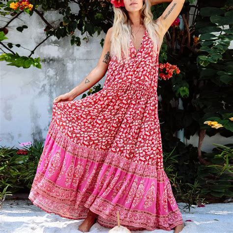 Buy Red Print Women Dress Boho Hippie Chic Beach