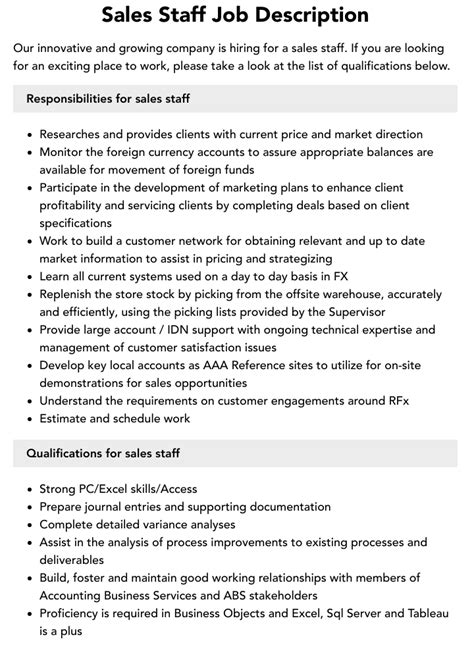 Sales Staff Job Description Velvet Jobs