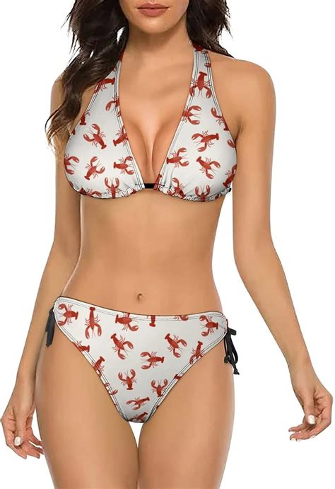 NICKSUN Women S Bikini Sets Crawfish Print Two Piece Bathing Suits Sexy Halter Padded Bikini