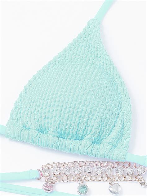 Textured Bikini Set Rhinestone Chain Decor Triangle Bra Top Tie Side Bikini Bottom Piece