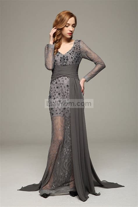 Gray V Neck Beaded Lace Prom Wedding Dress With Long Sleeves Lizprom