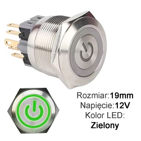 Przycisk włącznik przełącznik wandaloodporny 19mm 12V LED Zielony NF