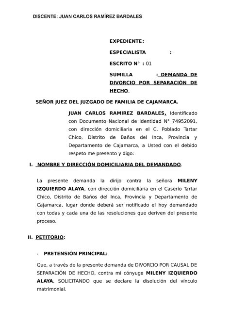 Demanda De Divorcio Por Separacion De Hecho Expediente Especialista