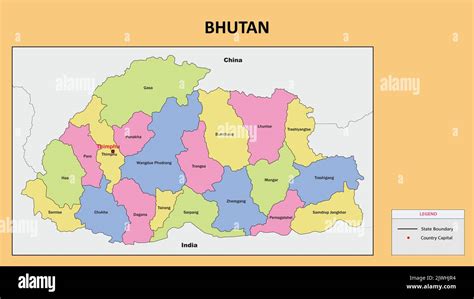 Bhutan Map State And District Map Of Bhutan Political Map Of Bhutan With Country Capital Stock