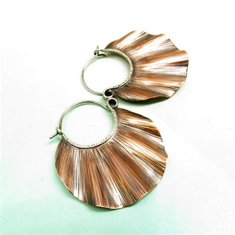 Large Ruffled Copper Hoop Earrings Mixed Metal Artisan Jewelry Copper