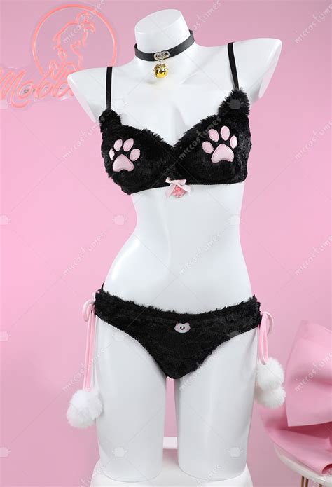 Women Kawaii Homewear Sexy Lingerie Set Plush Cat Paw Three Point Top And Panty With Skirt