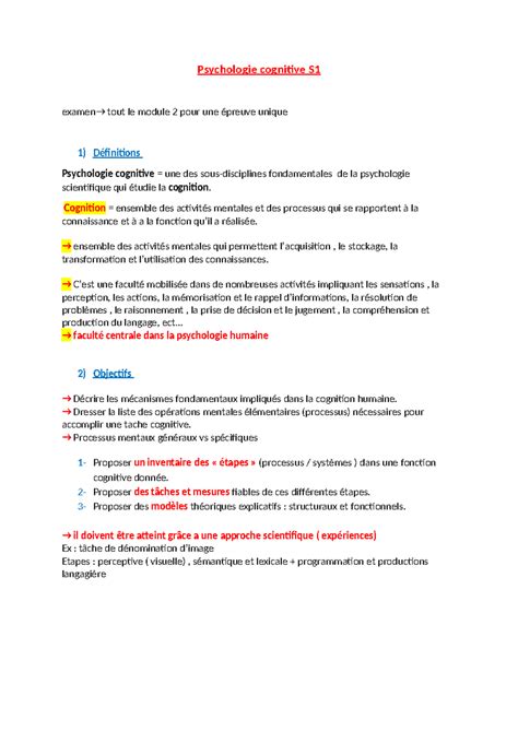 Psychologie Cognitive S1 Psychologie Cognitive S Examen Tout Le