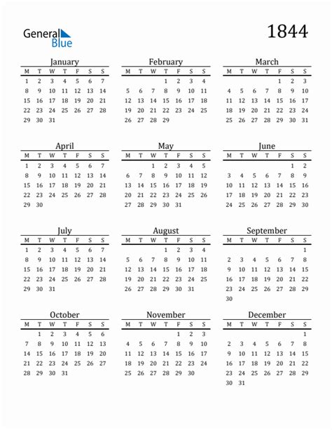 Year 1844 Free Printable 12 Month Calendar