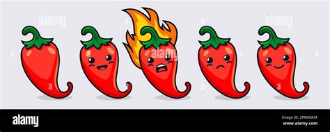 Vector Cartoon Cute And Funny Red Hot Chili Pepper Icon Set Kawaii Style Fresh Chili Hot