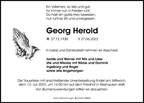 Traueranzeigen Von Georg Herold Trauer Anzeigen De