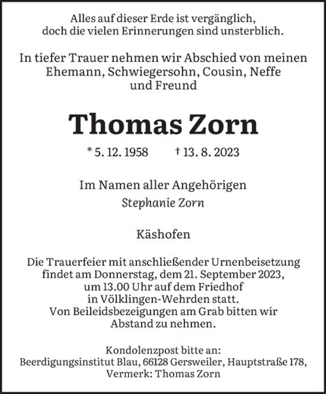 Traueranzeigen Von Thomas Zorn Saarbruecker Zeitung Trauer De