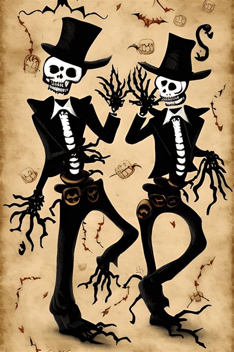 Two Skeletons Dressed Up In Suits Happily Dancing Together Under