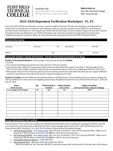 Fillable Online 2023 2024 Dependent Verification Worksheet V1 V5 Fax